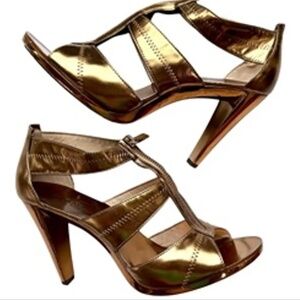 Michael Kors, Gold Berkley T Strap Sandal Heels, Women's Size US 9.5M